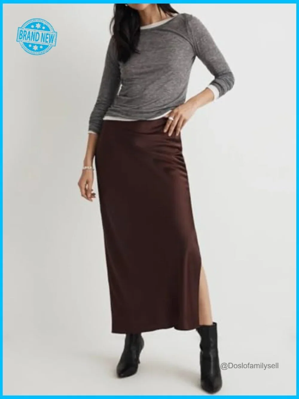 Satin Maxi Slit Skirt Elastic Waistband Flowy A-Line Solid Slip Skirt